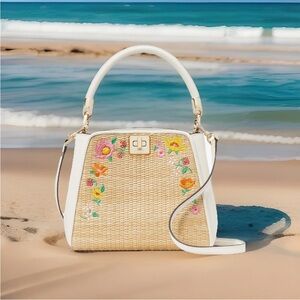 Kate Spade Phoebe Embroidered Straw Top Handle Satchel Bucket -Strawberry Flower